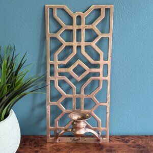 Vintage Brass Wall Candle Sconce Geometric Rectangle Trellis 12.5 x 6 Inches